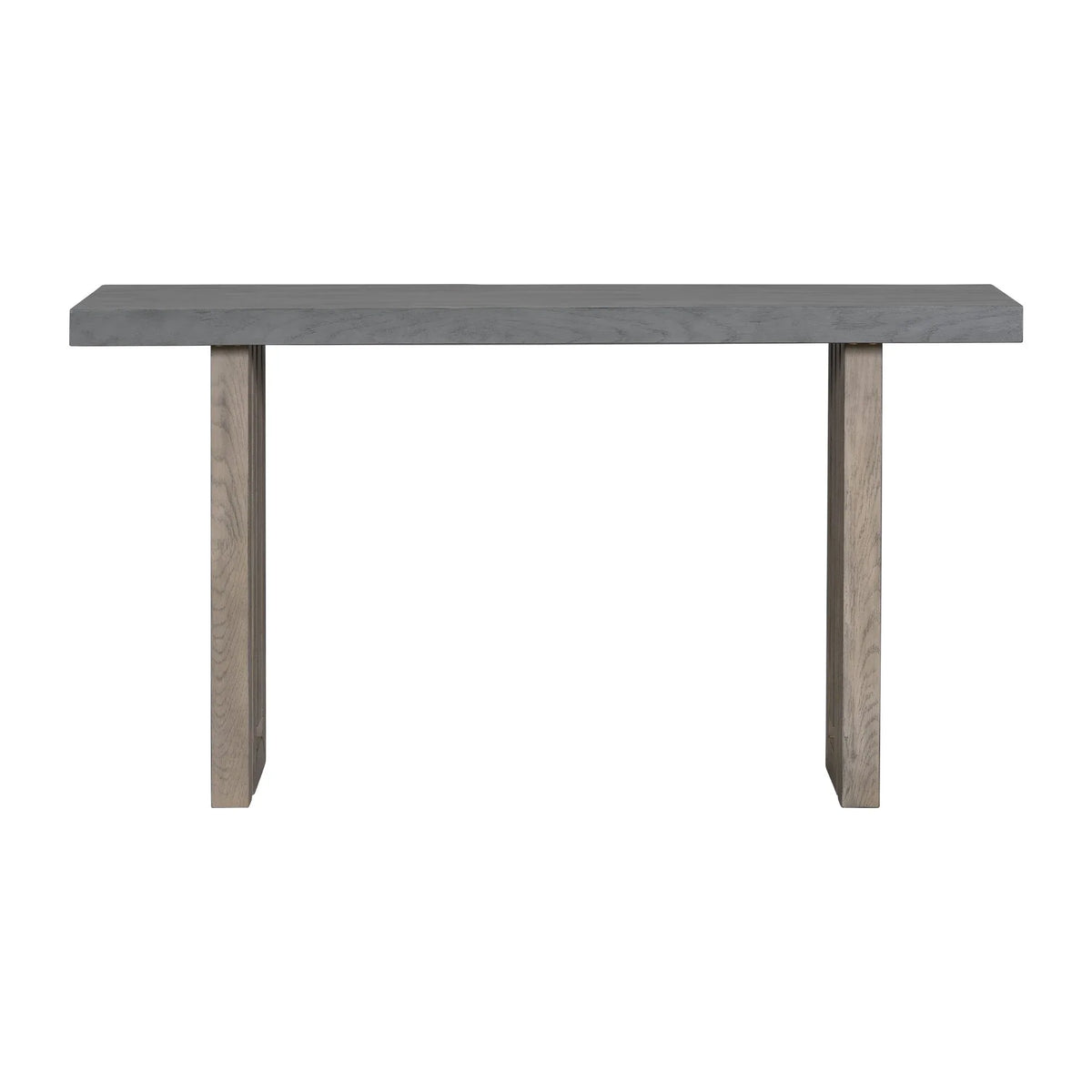 Close-up of the detailed gray oak veneer side panel with distinctive geometric pattern on the console table.