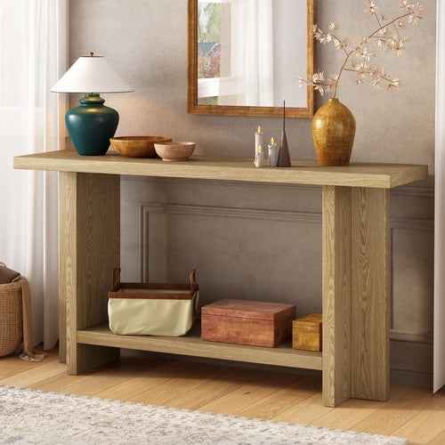 Vintage-Inspired and Ash Wood Veneer ConsoleTable with T-Leg