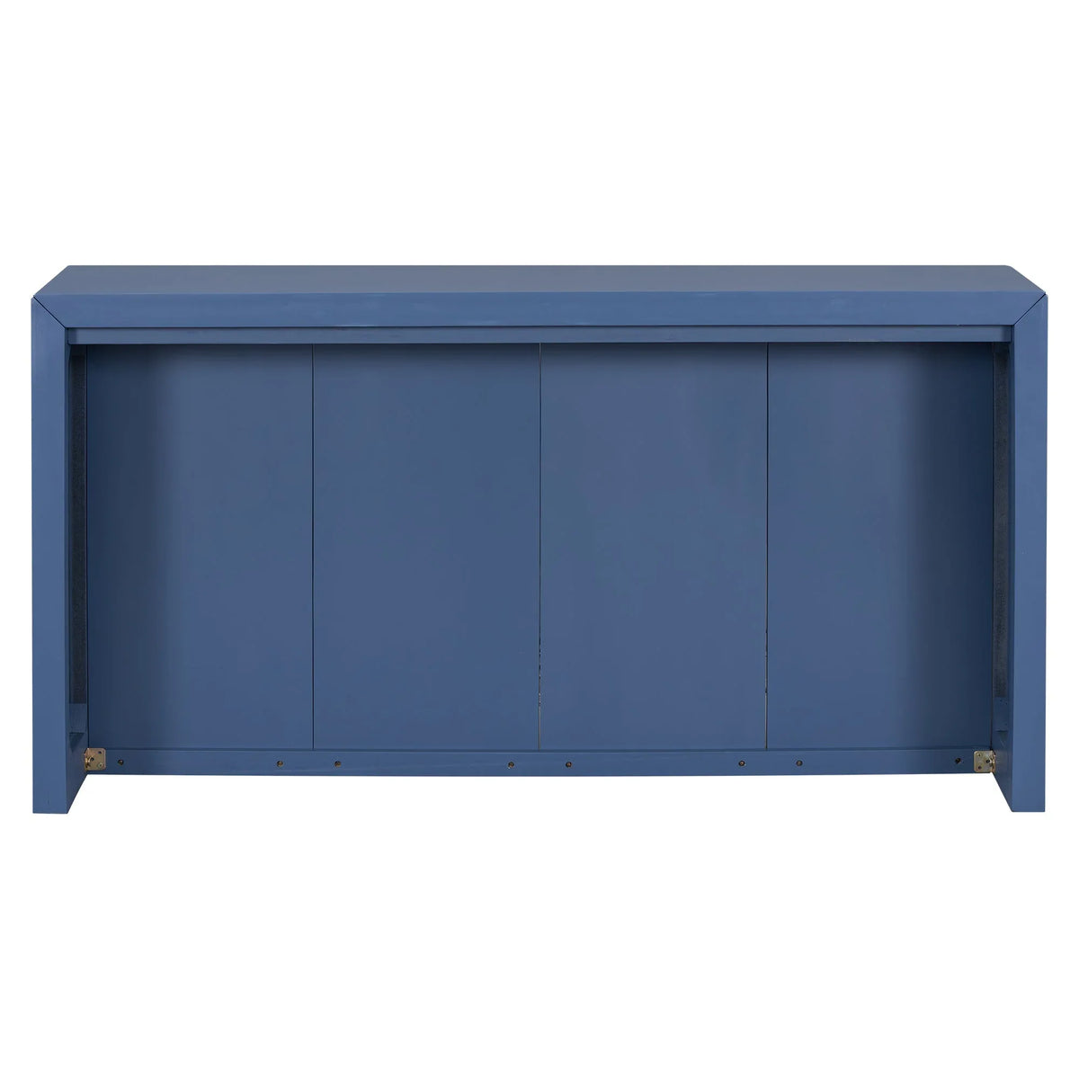 Back view of simple minimalist navy blue entryway table with acacia wood veneer finish