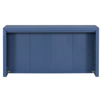Back view of simple minimalist navy blue entryway table with acacia wood veneer finish