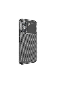 Close-up view of black carbon phone case for Xiaomi Poco C65 showing camera protective cutout.