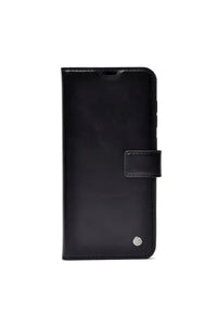 Black Xiaomi Poco C65 case with card holder and stand, displaying sleek design and textured surface