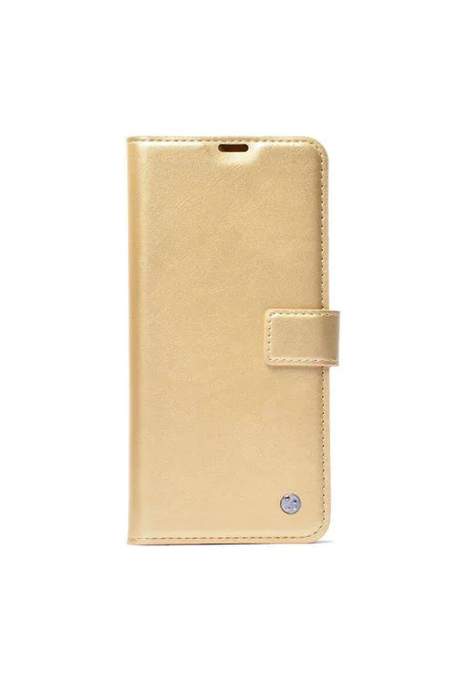 Gold Xiaomi Poco C65 case with card holder and stand, highlighting smooth finish and elegant look