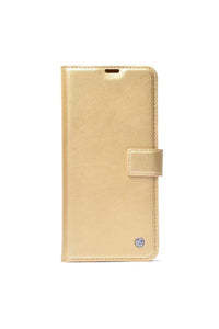 Gold Xiaomi Poco C65 case with card holder and stand, highlighting smooth finish and elegant look