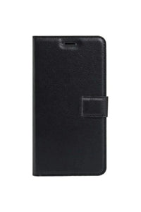 Black Tecno Spark 7T case with wallet and stand function, showing front view.