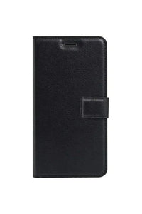 Black Tecno Spark 7T case open, displaying wallet compartment and stand feature.