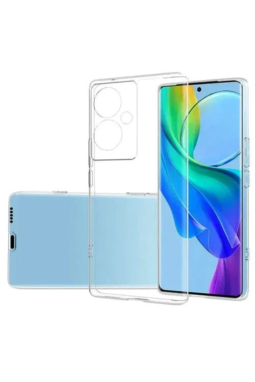 Close-up of Vivo V29 Lite transparent silicone case highlighting smooth texture and precise device fit.
