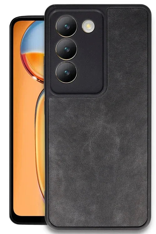 Close-up of black faux leather patterned back on Vivo V30 Lite 4G protective case.