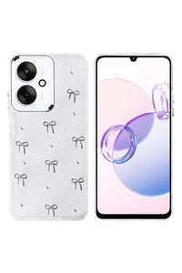 Decorative transparent Xiaomi Poco C65 cover with glitter bow and floral motifs on clear case.