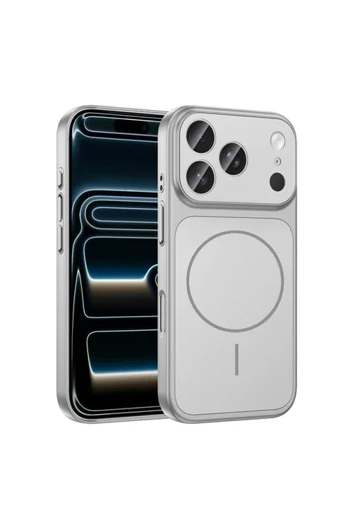 Silver iPhone 17 Pro Max case with durable body and camera cutout, offering full protection