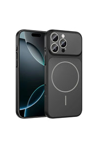 Black iPhone 14 Pro Max case with magnetic charging and full camera protection, sleek and durable.