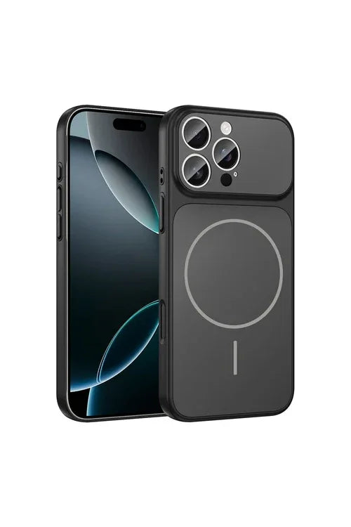 Close-up of black iPhone 14 Pro Max case showing smooth surface and camera cutout.