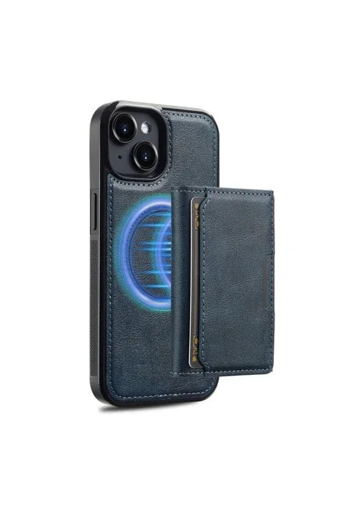 Close-up of navy blue magnetic iPhone 14 Plus case showing texture and card slot
