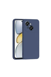 Navy blue Tecno Spark Go 1 silicone case featuring velvet lining displayed on white backdrop.