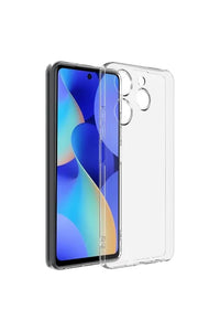 Close-up angled view of clear TPU silicone cover designed for Tecno Spark 40 4G, highlighting slim fit.