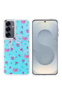 Samsung Galaxy S24 case in soft pink with luxurious patterned design on soft TPU frame.