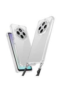 Clear Xiaomi Poco C75 case with attached black neck strap laid flat on white background.