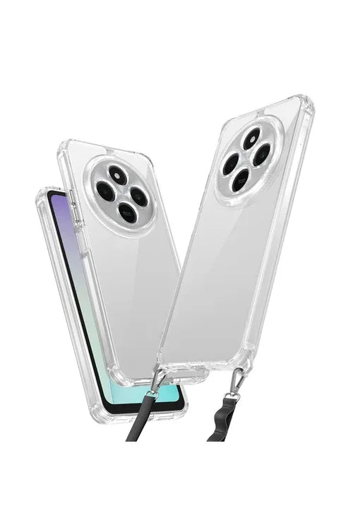 Xiaomi Poco C75 transparent shockproof phone case shown with black neck strap around the device.