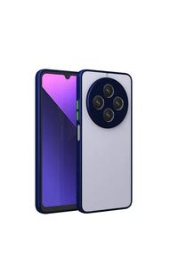 Close-up of navy blue matte Xiaomi Poco C75 case showing raised camera protector edge