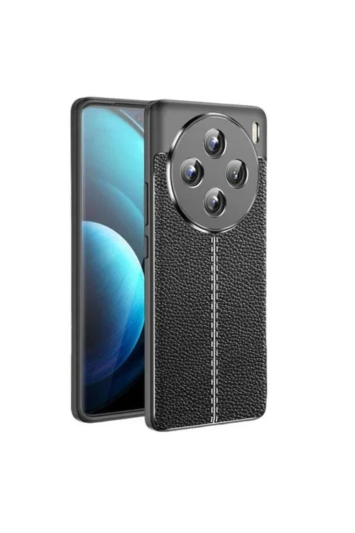 Angled view of black textured leather silicone case designed to protect Vivo X100 phone.