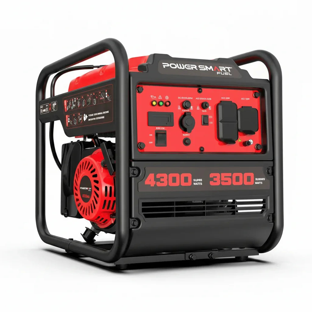 Open frame gas inverter generator placed on white background with ample white space around it