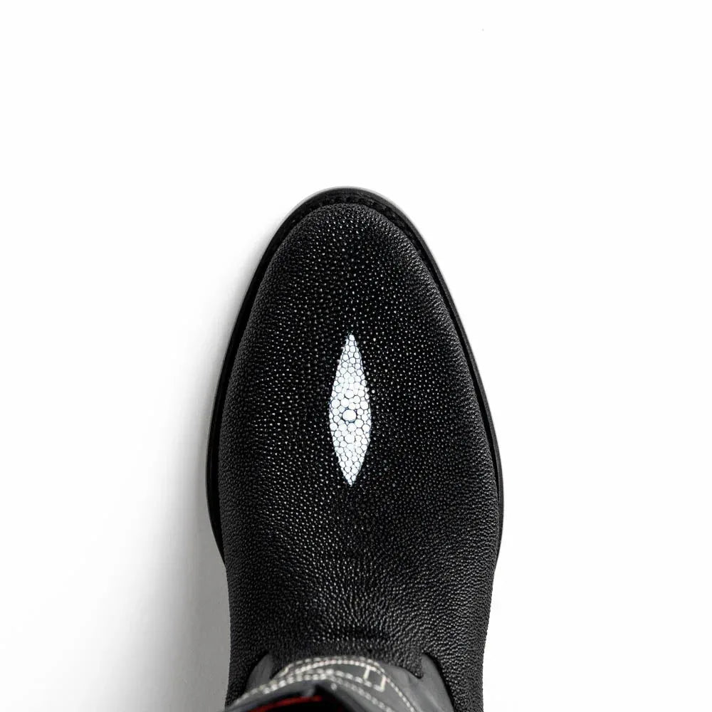 Back view of Georgia black cowboy boot displaying stitched seam and smooth leather shaft.