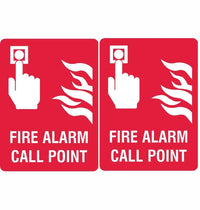 Pack of 10 fire alarm call point safety stickers with clear red and white design for emergency fire alerts