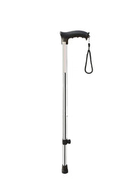 Single leg height adjustable walking stick with ergonomic handle and anti-skid rubber tip, shown upright on white background