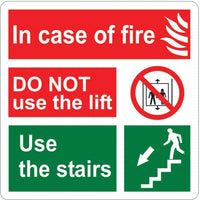 Two 8x8 inch fire safety sign decal stickers with clear fire hazard symbols and instructions for emergency use.