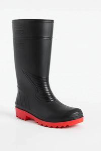 Black high-cut safety boots with red soles designed for fire protection and heavy-duty industrial use.