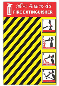 Fire extinguisher use guide sticker with bilingual Hindi-English instructions for emergency fire safety.