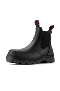 Black leather Chelsea safety work boots with anti-slip sole, designed for fire protection and industrial safety.
