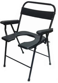 Foldable bedside commode chair with armrest, sturdy frame and removable bucket for easy cleaning, designed for home or