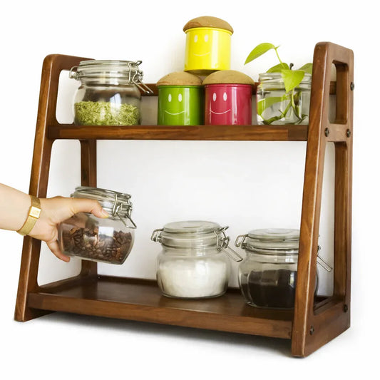 2-Tier Rustic Brown Wooden Kitchen Rack