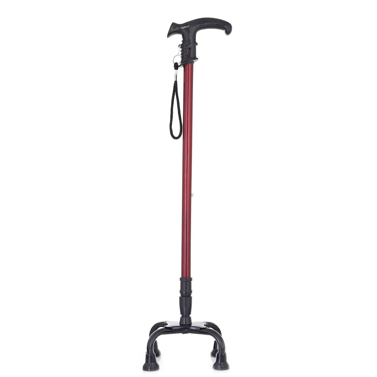 Red four-legged adjustable walking stick with ergonomic handle and anti-skid rubber tips designed for stable support.