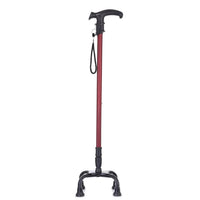 Red four-legged adjustable walking stick with ergonomic handle and anti-skid rubber tips designed for stable support.