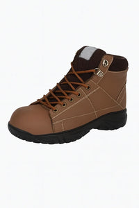 Tan mid-ankle safety work boots with durable fire protection and anti-slip soles, suitable for industrial and emergency use