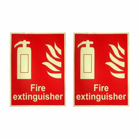 Two red fire extinguisher vinyl sticker signs on white background, for emergency fire safety labeling.