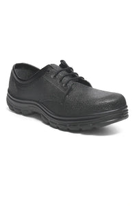 Black textured low-cut safety boot with sturdy sole, designed for fire protection and industrial use.