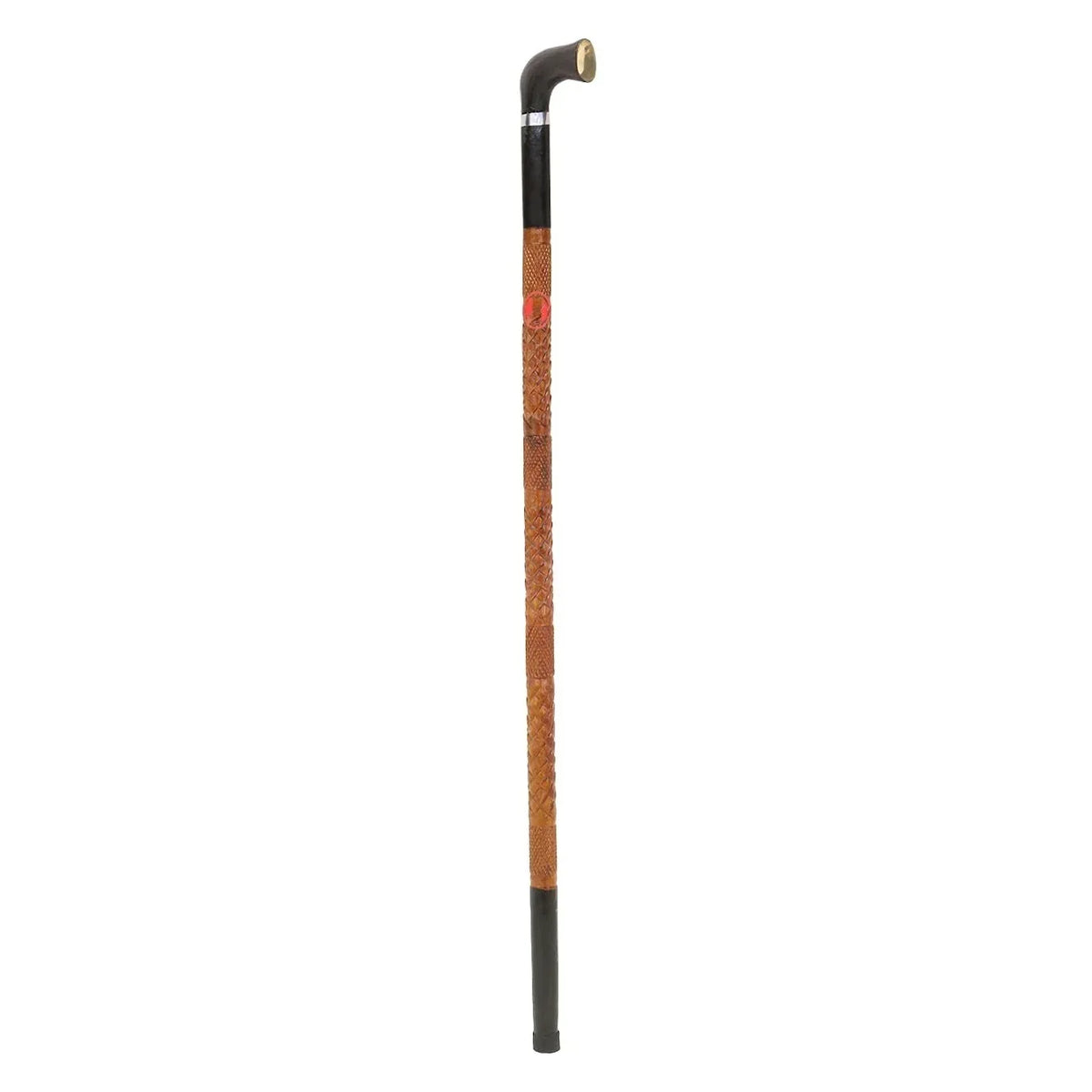 Wooden walking stick with black ergonomic handle and lightweight design shown upright on white background