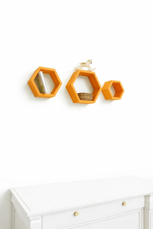 Set of 3 Orange Hexagon Wall Shelves