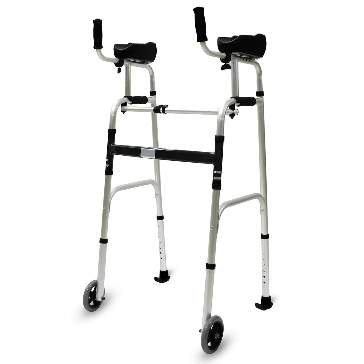 Upright walker with adjustable forearm supports and ergonomic hand grips designed for stability and mobility.