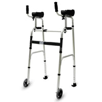 Upright walker with adjustable forearm supports and ergonomic hand grips designed for stability and mobility.