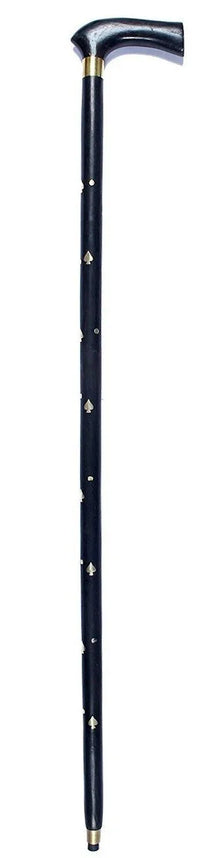 Hand carved wooden walking stick with ergonomic handle and anti-skid rubber tip shown against white background