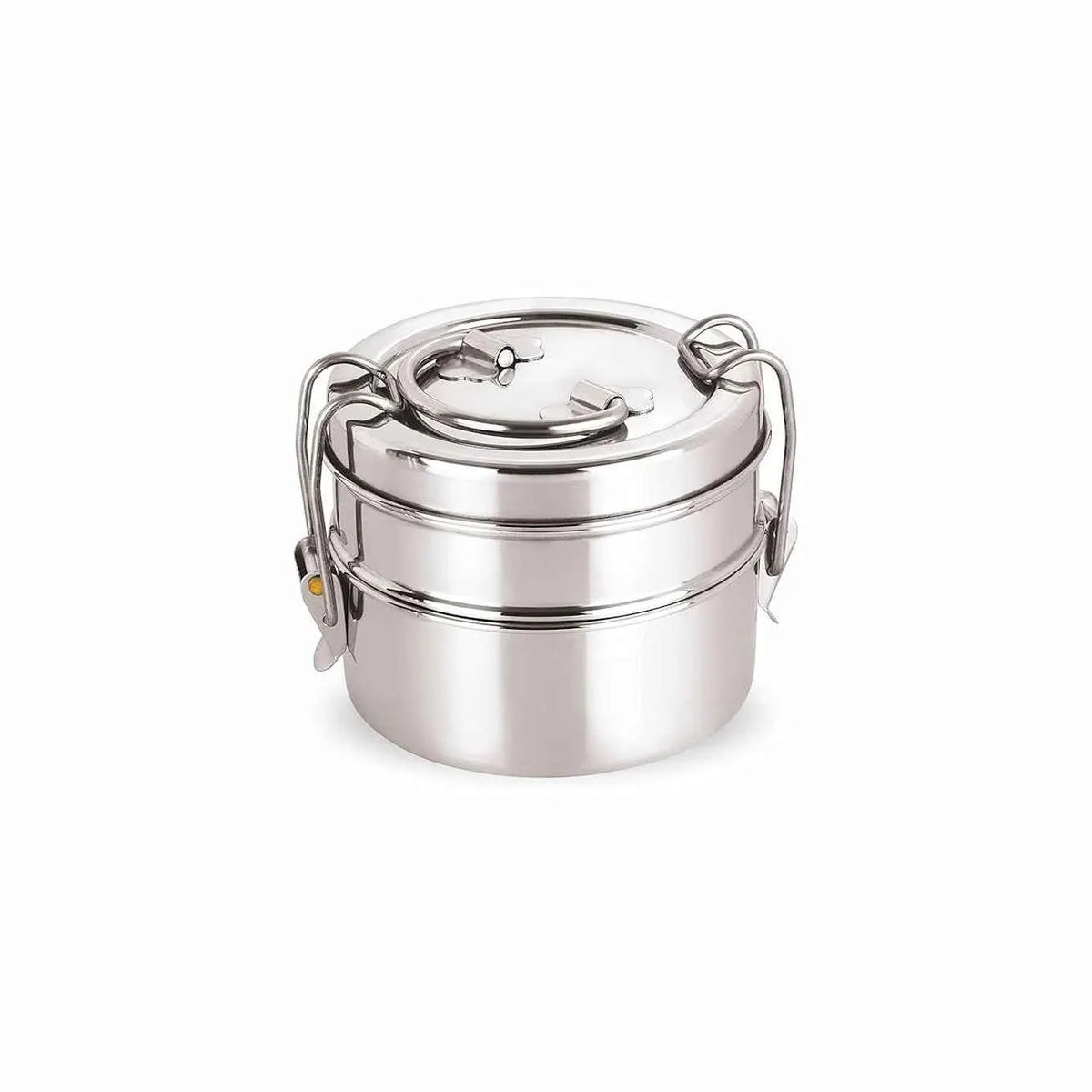 A compact two-tier stainless steel lunch box with secure lock clips, shown closed and ready for packing meals.
