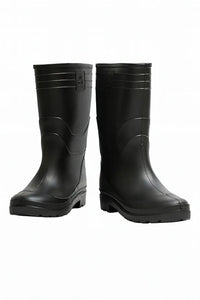 Heavy-duty black waterproof safety boots with rugged soles, designed for fire protection and industrial use.
