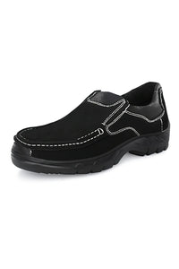 Black slip-on safety boots with white stitching, designed for fire protection and industrial use.