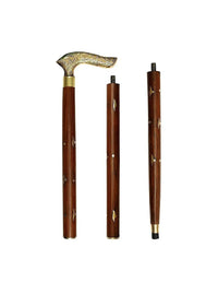Handmade wooden folding walking stick displayed against a white background, showing its natural wood grain and folding joints