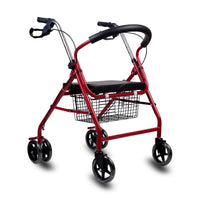 Foldable four-wheel walker with seat and brakes, showing ergonomic design and sturdy frame for mobility support.