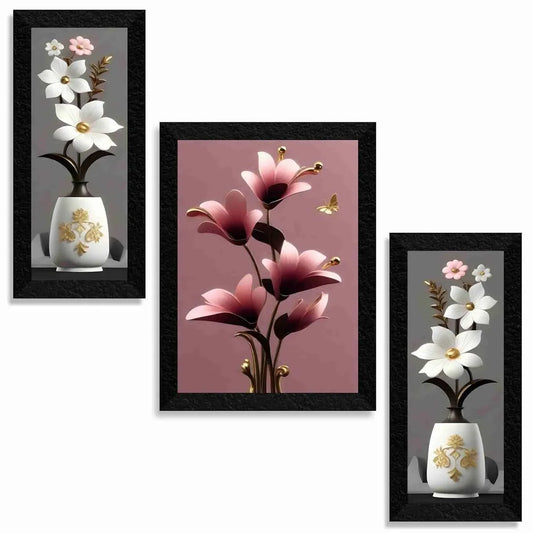 Flower Pot 3D Wall Painting Set of 3 with Frames